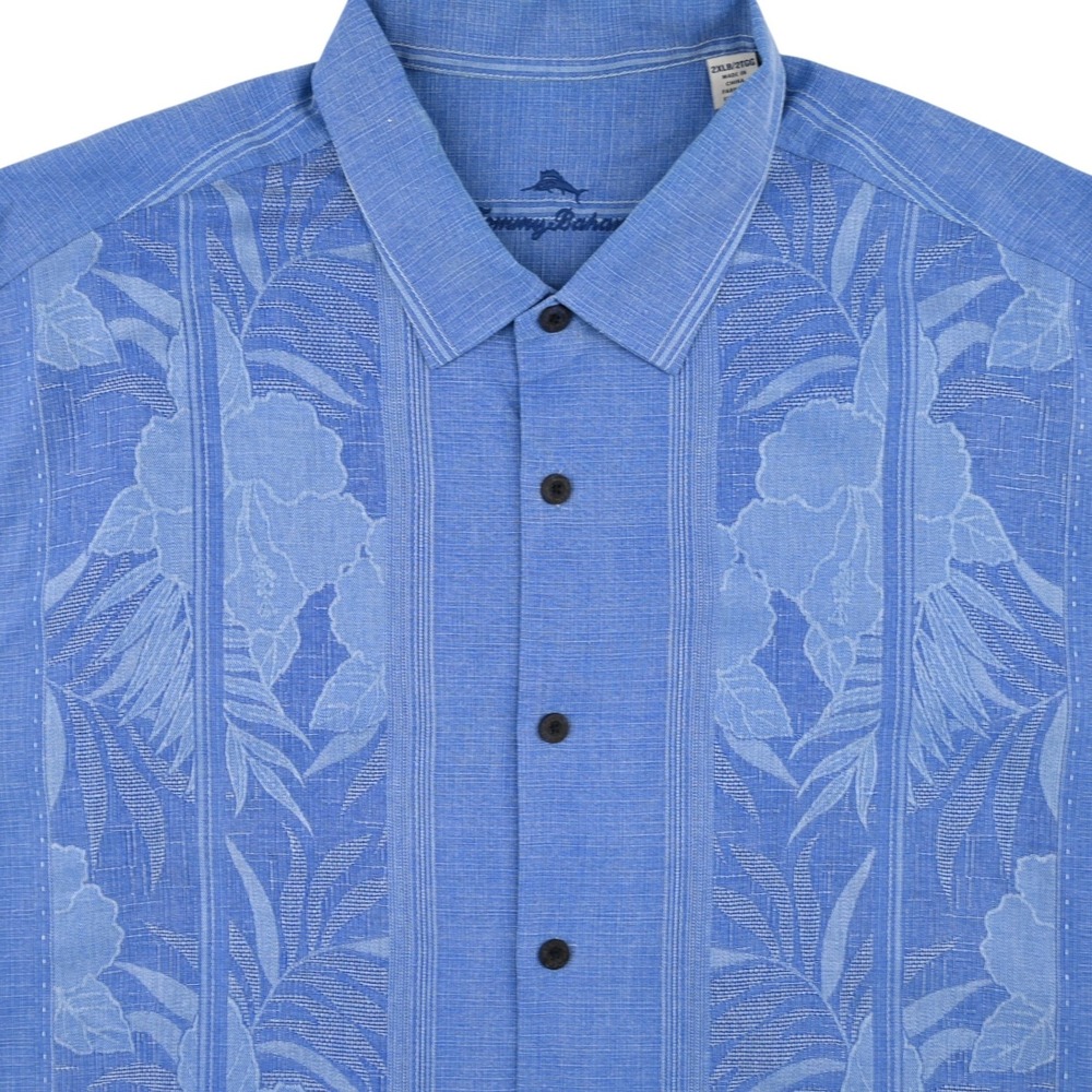 100% Silk Tommy Bahama Camp Shirt 2XLB Blue Tahitian Border Striped Tropical